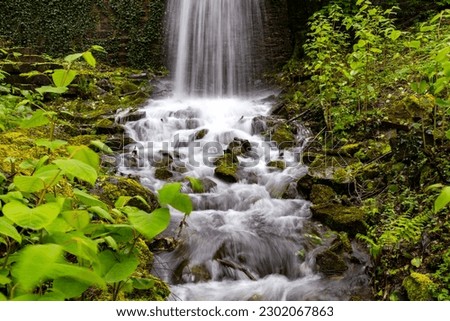 Small cascade of a creek with bright green plants in Iserlohn Sauerland germany. Water splashing onto rocks and flowing downhill after heavy rain in springtime. Motion captured with longtime exposure. Royalty-Free Stock Photo #2302067863