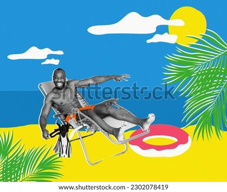 Cheerful, happy, smiling, african man resting on beach in summer. Diving, sunbathing. Contemporary art collage. Concept of holidays, vacation, travelling, inspiration, creativity. Bright design