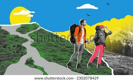 Young couple, man and woman travelling together, going hiking on mountains. Active vacation. Contemporary art collage. Concept of holidays, travelling, inspiration, creativity. Bright design