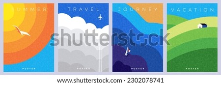 Abstract minimal summer poster, cover, card set with nature landscape, sun, plane in the clouds, yacht in the sea, fields and typography design. Summer holidays, journey, vacation travel illustrations Royalty-Free Stock Photo #2302078741