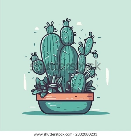 Cactus in a pot with red flowers on a green background vector art illustration.