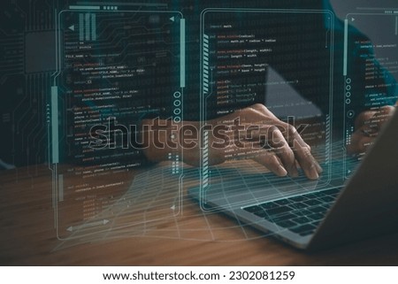 Digital information technology concept. Businessman touching artificial intelligence screen. Royalty-Free Stock Photo #2302081259