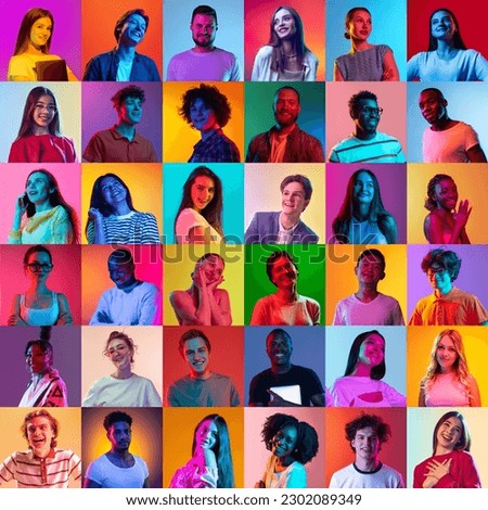 Multiracial happy society. Collage of large group of ethnically diverse smiling people, men and women expressing cheerful emotions over neon background. Concept of youth, student life, team, ad