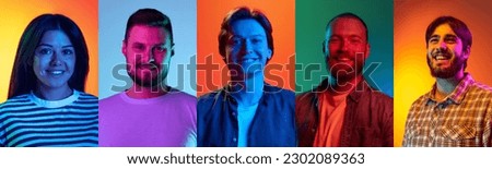 Composite image of diverse happy cheerful young student faces, male, female expressing positive emotions and smiling over multicolor background in neon light. Concept of emotion, youth culture, ad