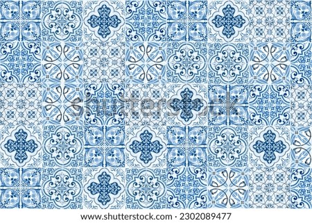 Colorful vintage ceramic tiles wall decoration. Turkish ceramic tiles wall background. Royalty-Free Stock Photo #2302089477