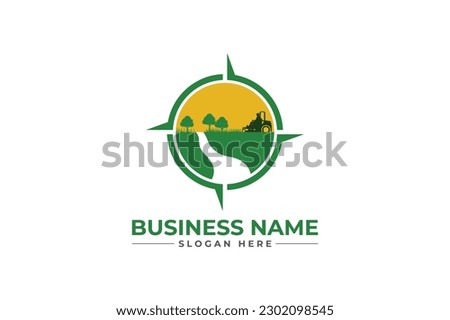 lawn care logo with compass, grass trimming, landscape, grass, agriculture concept logo design