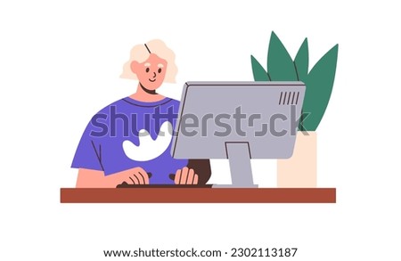Woman works at computer desk. Happy person employee at desktop PC, table. Worker working at workplace, typing, surfing internet, using technology. Flat vector illustration isolated on white background Royalty-Free Stock Photo #2302113187