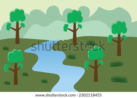 A cartoon of a river with trees and a river in the background.