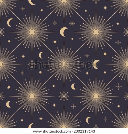 Hand drawn seamless pattern of Sun, Moon, sunburst, stars. Mystical celestial bursting sun rays vector. Magic space galaxy sketch illustration for greeting card, wallpaper, wrapping paper, fabric Royalty-Free Stock Photo #2302119143