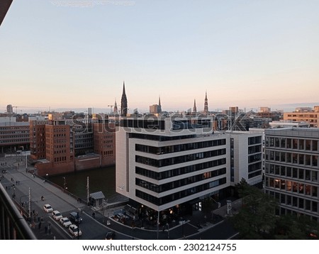 Panorama of the German city of Hamburg from the Elbe Philharmonic - concert hall of Hamburg, located on the island of Grasbrok on the Elbe.