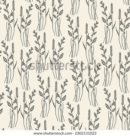 Meadow grass ink seamless pattern. Blooming botanical motifs scattered random.