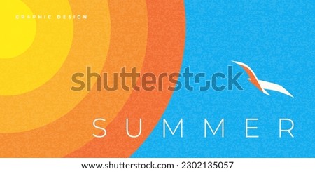 Abstract minimal summer horizontal poster, cover, banner, card with bright sun in the blue sky and modern typography. Summer holidays, journey, vacation travel illustration. Promo ads design template Royalty-Free Stock Photo #2302135057