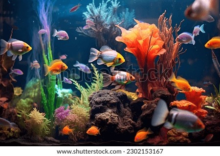 Tropical sea underwater fishes on coral reef. Aquarium oceanarium wildlife colorful marine panorama landscape nature snorkeling diving Royalty-Free Stock Photo #2302153167