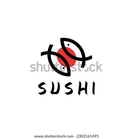 Sushi  Logo Design Illustration Abstract on White Background. Love Japan Cuisine. Black Two Fishes and Red Oval Icon for Branding Identity, Banner, Outdoor Advertising, Web, Menu.