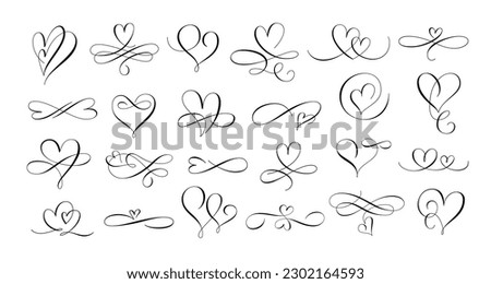 Love hearts flourish. Calligraphy hand drawn heart, romantic text divider and lovely twirl line scribble vector set of calligraphy love flourish, wedding decoration