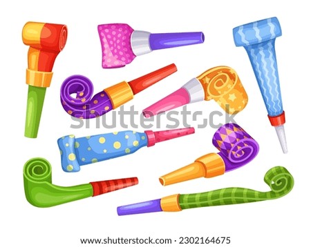 Cartoon party blowers. Tube horn, blowing noisemaker for birthday celebration and whistle blowout toy with long pipe vector illustration set of birthday celebration, blower whistle event Royalty-Free Stock Photo #2302164675