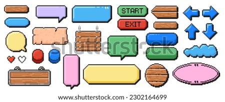 Pixel art frames. Retro 8 bit buttons, arrows, speech bubble messages and quote frame. Game UI vector template set of pixel game frame, 8 bit message illustration Royalty-Free Stock Photo #2302164699