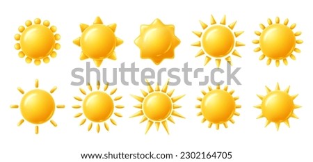 Sun 3D icons. Yellow brightness symbol, sun with rays shape, clear sunny day and hot temperature weather vector illustration set of bright sun icons