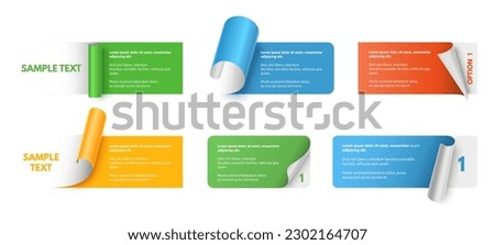 Infographic banner with peeling sticker. Listed badge with curled corner, offer option list frames and color peel off and look stickers vector set of peel sticker infographic illustration Royalty-Free Stock Photo #2302164707