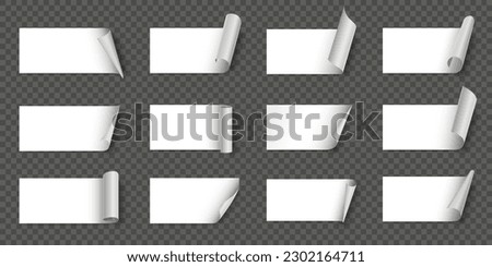 Paper stickers with curled corner. White tape with turned up bent corner, note label with rolled edge vector template set of paper blank tape illustration stickers Royalty-Free Stock Photo #2302164711