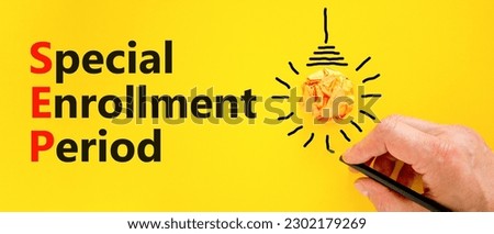 SEP symbol. Concept words SEP Special enrollment period on beautiful yellow paper. Beautiful yellow table yellow background. Medical and SEP Special enrollment period concept. Copy space.