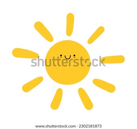 Cute sun character. Happy smiling sun, funny doodle sticker, summer symbol, weather sign, childish clip art element. Vector illustration isolated on white background