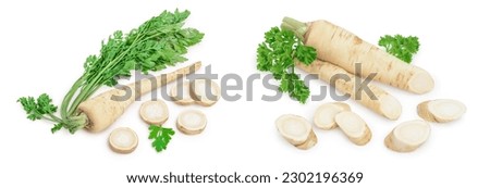 Parsley root with slices and leaves isolated on white background Royalty-Free Stock Photo #2302196369