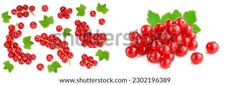 Red currant berry with leaf isolated on white background. Top view. Flat lay pattern Royalty-Free Stock Photo #2302196389