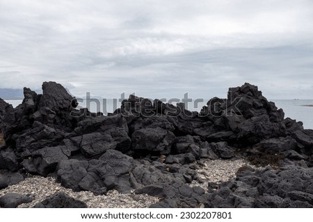 A rocky shore of South Iceland beach with black volcanic rocks in the Iceland South coast Royalty-Free Stock Photo #2302207801