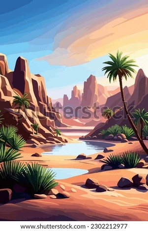 Desert background Summer with sun, sand, clouds, palms Trees Vector design style Nature Landscape. Digital illustration desert oasis with cacti. Cacti flowers coming out of the ground with sand hills  Royalty-Free Stock Photo #2302212977