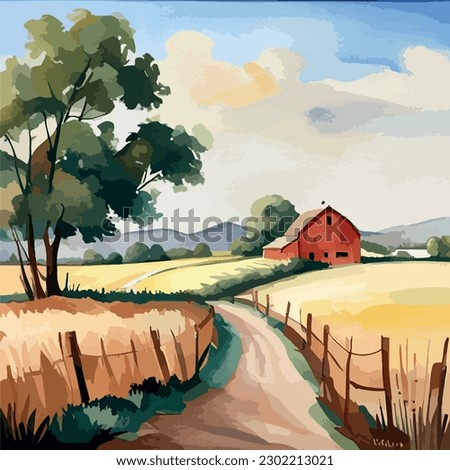 Farm on a hill with yellow or golden wheat field in a watercolor style, agriculture, cultivation, countryside, field, countryside, vector illustration banner with copy space