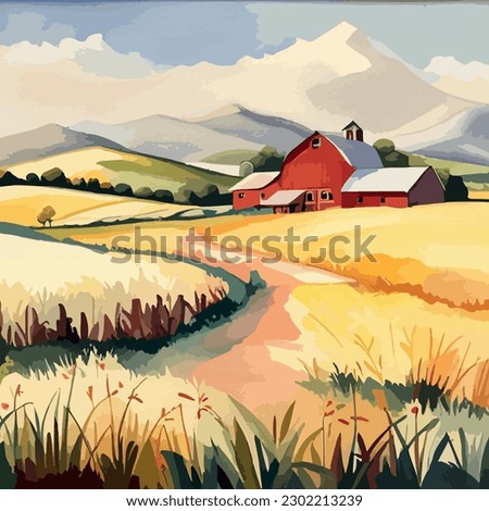 Farm on a hill with yellow or golden wheat field in a watercolor style, agriculture, cultivation, countryside, field, countryside, vector illustration banner with copy space