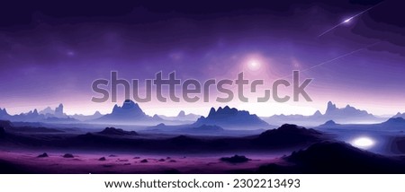 space digital artwork. Surreal fantasy space. Nebula with planets stars. Science fiction elements. Glowing technologies. Dark colorful universe. Asteroids concept with moons stones vector illustration Royalty-Free Stock Photo #2302213493