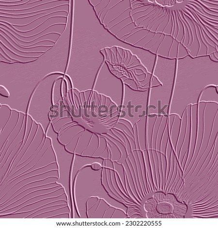 Poppies flowers textured 3d emboss seamless pattern. Floral embossed pink background. Grunge colorful modern vector backdrop. Line art blossom poppy flowers. Abstract hand drawn surface ornaments. Royalty-Free Stock Photo #2302220555