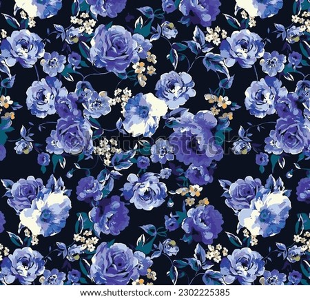 monochrome a solid abstract big roses and small hibiscus flower with blue and purple tone color, all over vector design with illustration digital image for textile or wrapping paper print