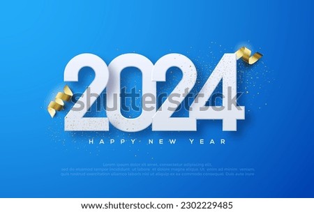 New Year Even 2024. With the design of white numbers and gold ribbons in the blue background. Premium vector design for greetings and celebration of Happy New Year 2024.