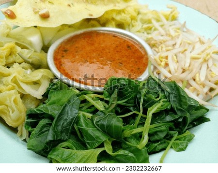 Pecel. In the form of several vegetables such as spinach, bean sprouts, cucumber, turi flowers and chicory mixed with peanut sauce. Boiled vegetables are placed on a plate. Indonesian food.
