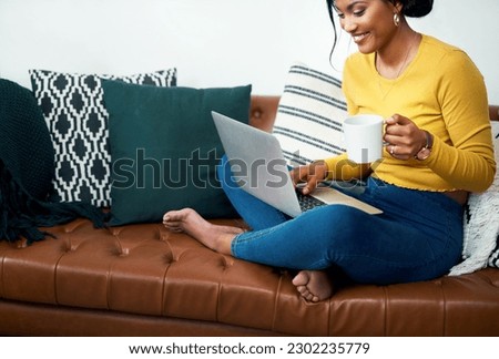 Sofa, laptop and happy woman with coffee for work from home, study opportunity and e learning or college website. Relax, couch and young person or student on computer, creative inspiration and tea