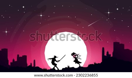 Urban samurai anime wallpaper. Swordsman duel. Two swordsmen fighting. Samurai battle background with anime style. Samurai fight at night. Duel.