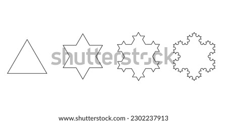 Koch snowflake construction. The first four iterations of the Koch snowflake. Vector illustration isolated on white background.