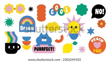 Set of abstract retro geometric shapes vector. Collection of contemporary figure, words, lemon, cloud, star in 70s groovy style. Cute hippie design element perfect for banner, print, stickers, decor.