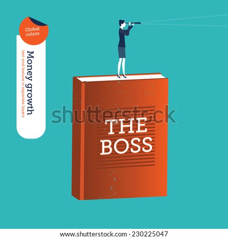 Businesswoman on the boss book with a spyglass.. Vector illustration Eps10 file. Global colors. Text and Texture in separate layers.