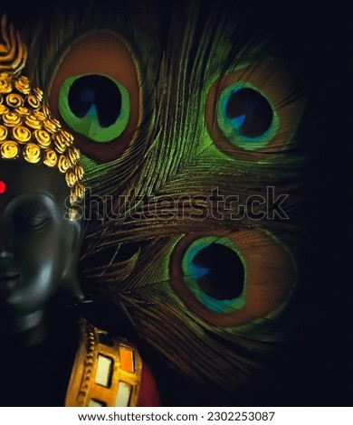 laughing buddha idol with peacock feather in the background. beautiful background image of buddha in calm meditated state.peaceful and relaxing background for meditation.calm and peaceful backdrop. Royalty-Free Stock Photo #2302253087