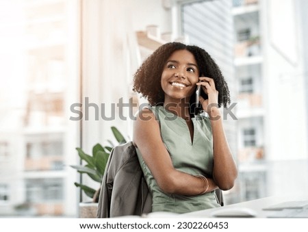 Phone call, thinking and happy woman in office for business communication, networking and feedback in workplace. Young african person listening, talking or speaking on mobile voip with career vision Royalty-Free Stock Photo #2302260453
