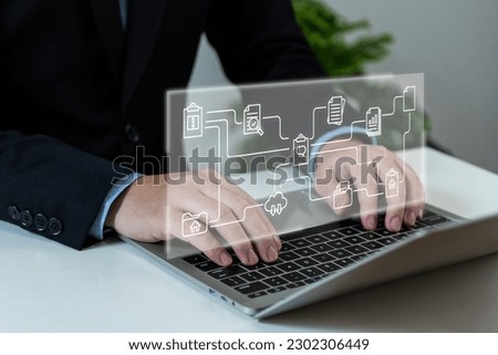 Digital file management concept, businessman working with digital device for management folder, database, IT consultant, software for archiving corporate files, AI tech, digital transformation, IOT.