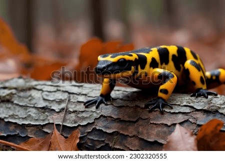 Fire salamander with black skin and colorful spots sitting on a tree in natural environment. critically endangered animals. High quality photo