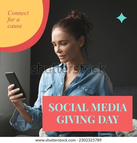 Composition of social media giving day text over caucasian woman using smartphone. Social media giving day, communication and online connections concept digitally generated image.