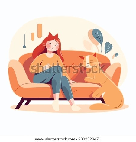 A cartoon illustration of a girl and a cat on a couch.