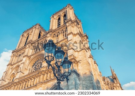 Cathedral Notre-Dame in Paris at sunset Royalty-Free Stock Photo #2302334069