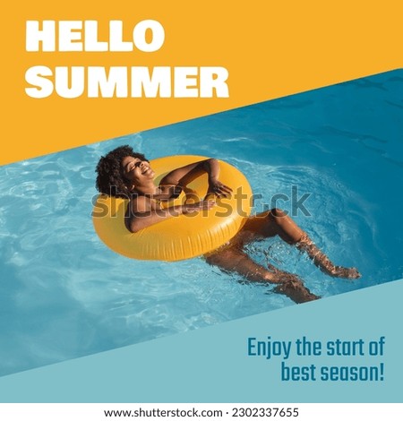 Hello summer text and african american woman with afro hair relaxing on inflatable swim ring in pool. Composite, bikini, enjoy the start of best season, pool party, enjoyment and holiday concept.